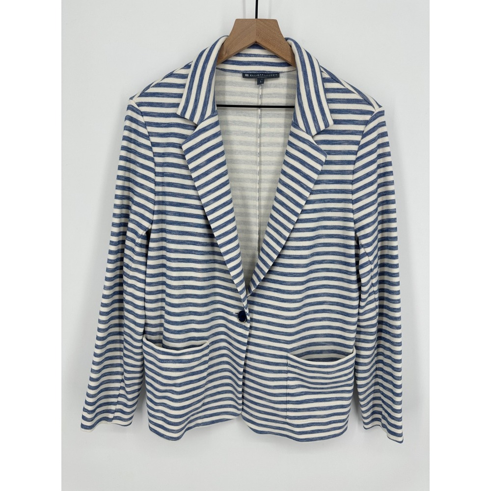Elliott Lauren Blazer Womens Large Blue White Striped Knit Cotton Preppy Coastal